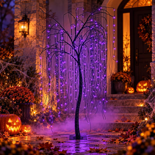 7 FT Halloween Lighted Willow Tree 256 LED Purple Lights Artificial Weeping Willow Tree with 6 Spiders Outdoor Indoor Decoration Christmas Festival Decor