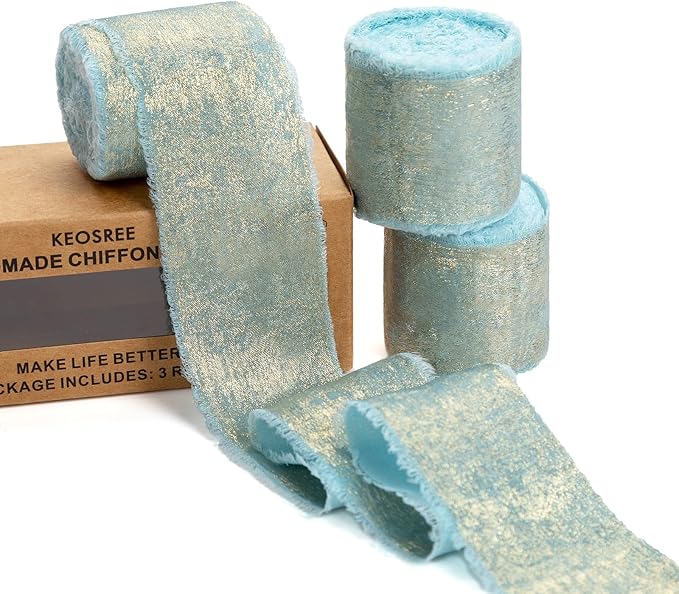 Light Blue Silk Chiffon Ribbon, Sky Blue Frayed Shimmery Silk Ribbon by KEOSREE