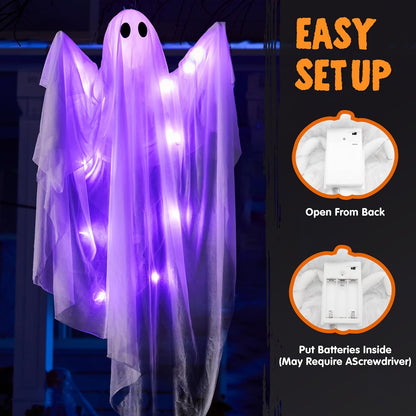 JOYIN 2 Pcs 47” Halloween Hanging Light up Ghost Decorations Outdoor, Halloween White Hanging Ghosts with Purple LED Lights for Haunted House Prop, Party Supplies, Front Yard Patio Garden Decor