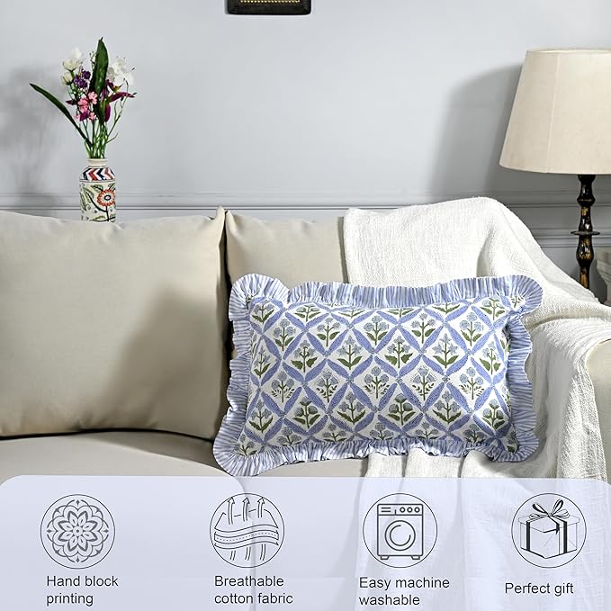 Ridhi Light Steel Blue 100% Cotton Block Print Ruffle Lumbar Sham Cover - Image 3