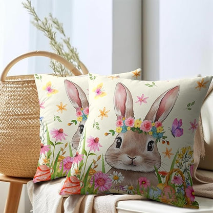 Easter Rabbit Throw Pillow Covers 22x22 Inch Set of 2 Cute Bunny Cotton Linen - Image 7