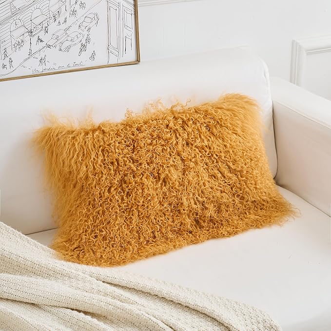 Genuine Mongolian Lamb Fur Pillow Cover – 12"x20" Rectangular Cushion Case – - Image 3