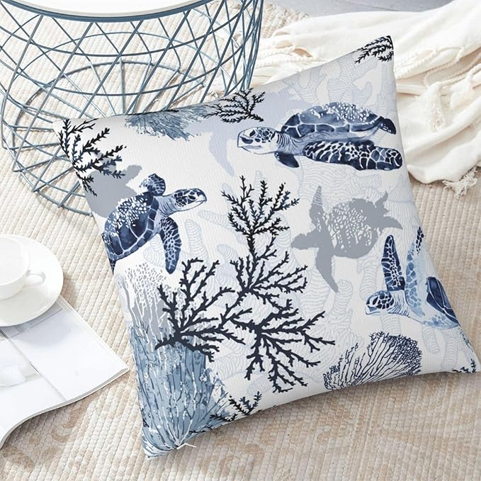 Nautical Blue Pillow Covers 18x18 Inch Coastal Beach Themed Coral Sea Turtle - Image 5