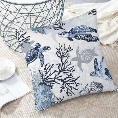 Nautical Blue Pillow Covers 18x18 Inch Coastal Beach Themed Coral Sea Turtle - Image 5