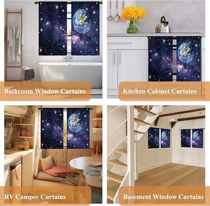 Renaiss 42 x 63 Inch Earth Galaxy Bedroom Window Curtains Outer Space View - Image 7