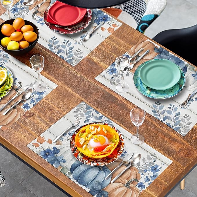 Autumn Placemats Blue Pumpkin Fall Place Mat Eucalyptus Leaves Floral Wood - Image 7
