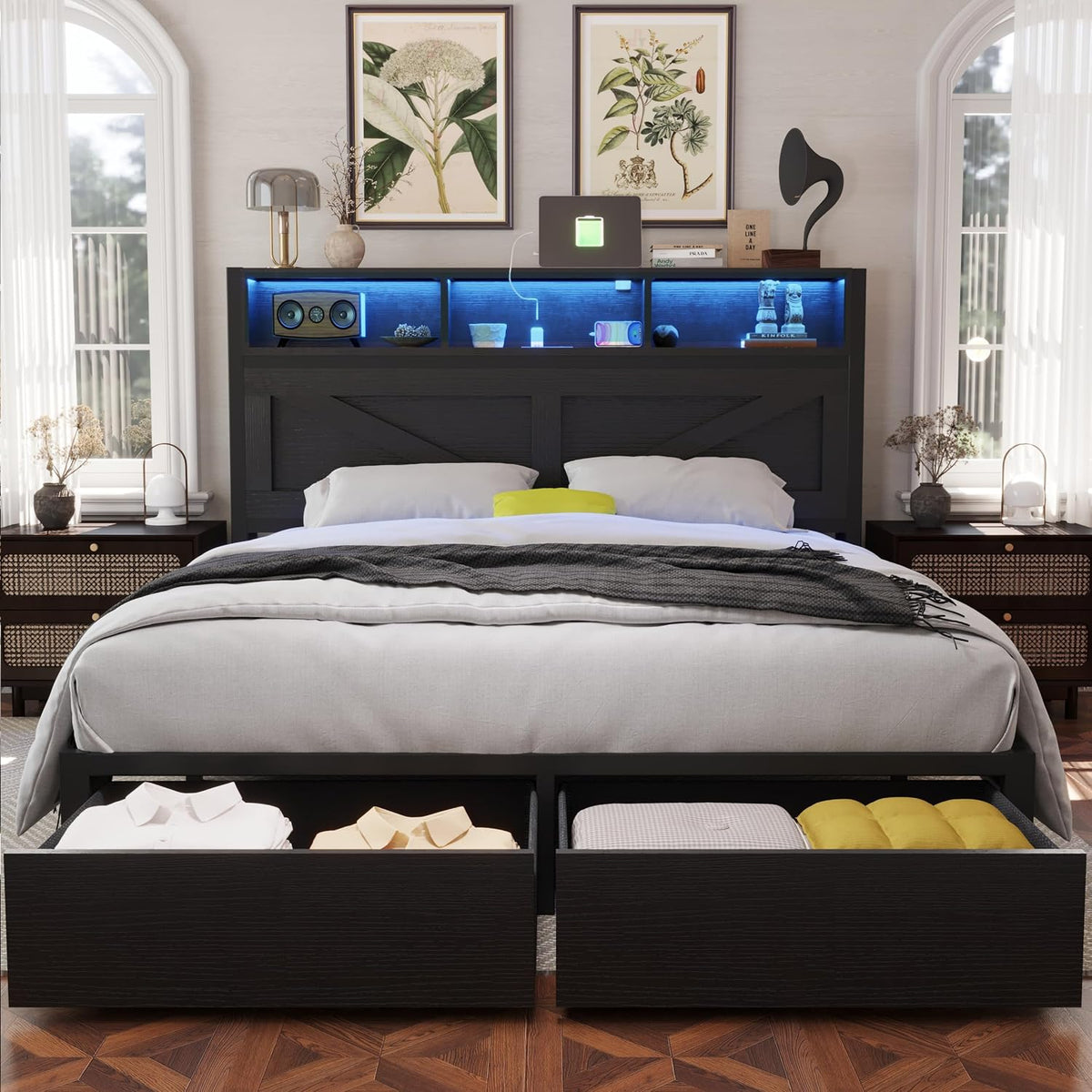farmhouse full bed frame with storage bookcase headboard, main product view