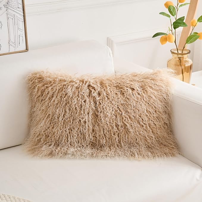 Genuine Mongolian Lamb Fur Pillow Cover – 12"x20" Rectangular Cushion Case – - Image 2