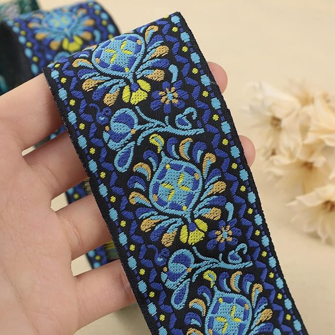 Boho Jacquard Ribbon Floral Ribbon Navy Embroidery Jacquard Trim - Image 3