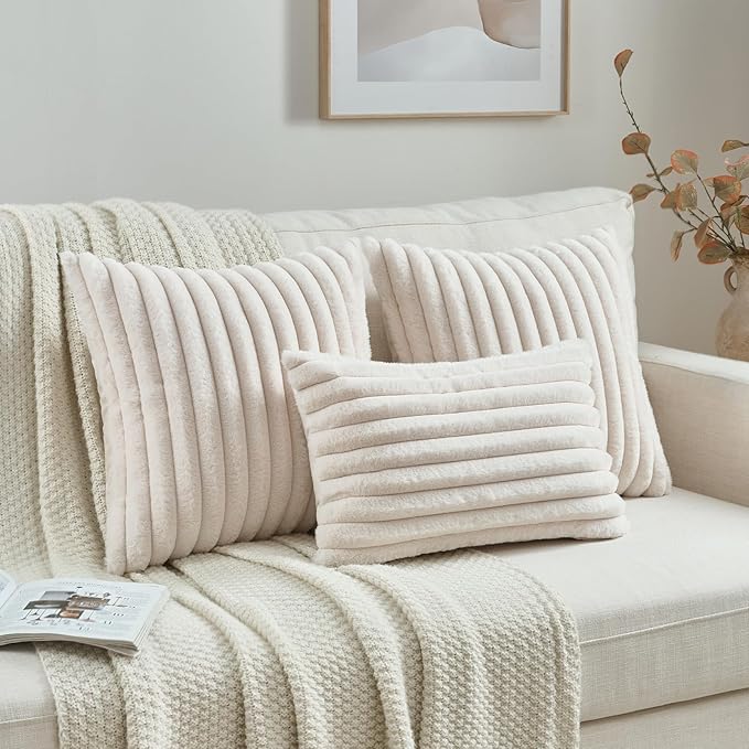 FUTEI Light Beige Throw Pillow Covers Set of 2, 12x20 Inch Striped Texture - Image 4