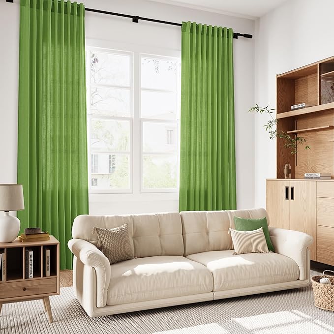 Nanspring Lime Green Linen Blend Light Filtering Back Tab Curtains 102 Inches - Image 7