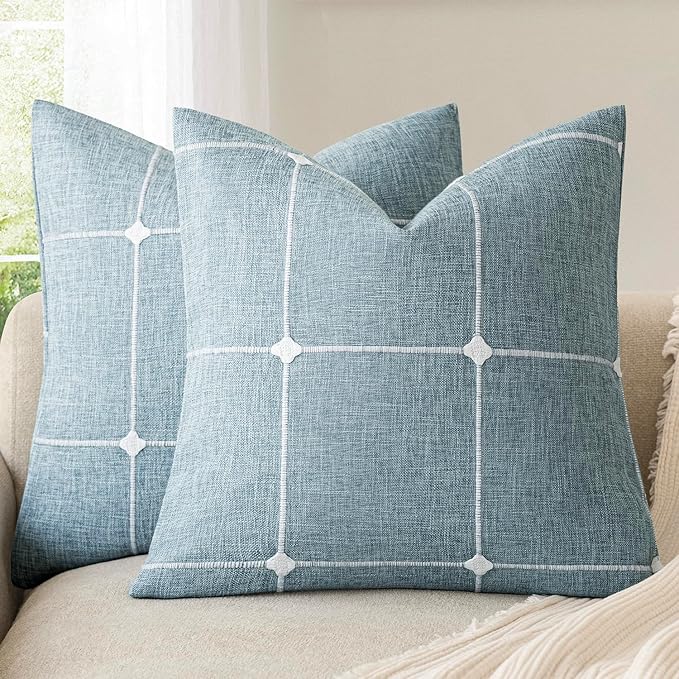 Foindtower Pack of 2 Decorative Faux Linen Jacquard Check Throw Pillow Covers by Foindtower