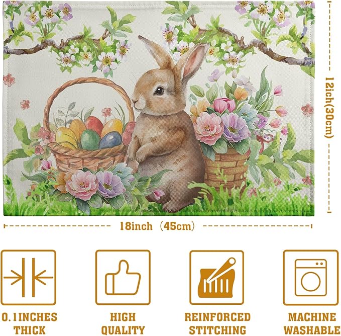 Easter Rabbit Placemats Set of 4 Spring Easter Egg Bunny Flowers Floral Place - Image 4