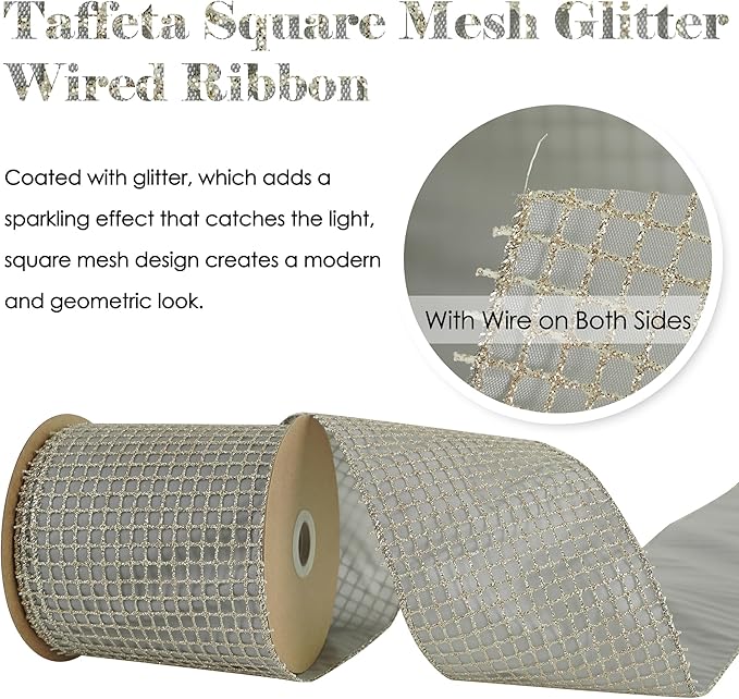HUIHUANG Champagne Glitter Wired Ribbon 4 inch - Image 2