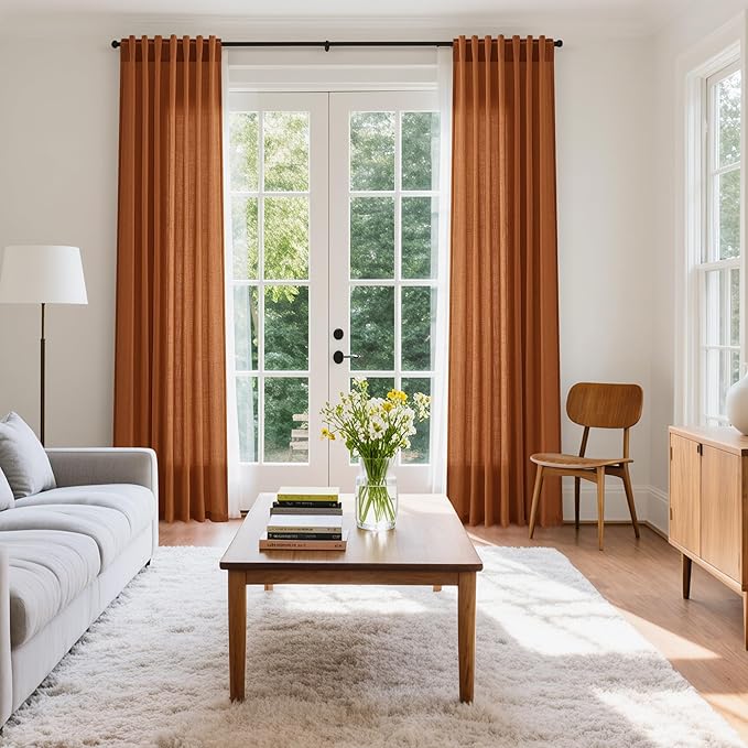 Desert Orange Semi Sheer Curtains 120 Inches Set Back Tab Loop Pocket Linen - Image 5