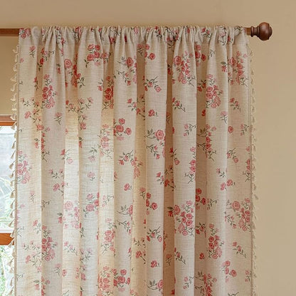 ENJOYBRIDAL Pink Floral Curtains 84 Inches Long 2 Panels Boho Tassel Drapes - Image 4