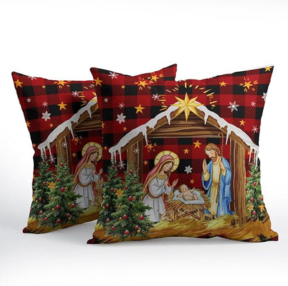 Jesus Nativity Throw Pillow Cover 16x16 Inch Set of 2 Xmas Red Buffalo Plaid - Image 2