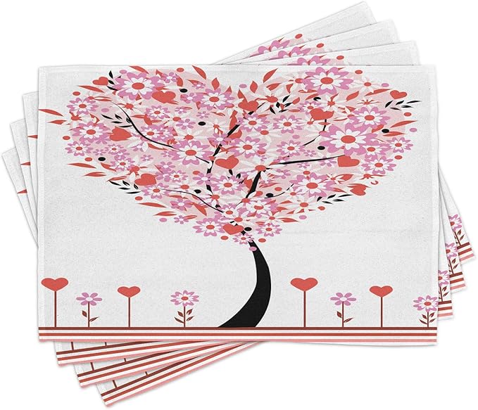 Ambesonne Valentine Place Mats Set of 4, Heart Shaped Tree Daisies Wildflowers by Ambesonne