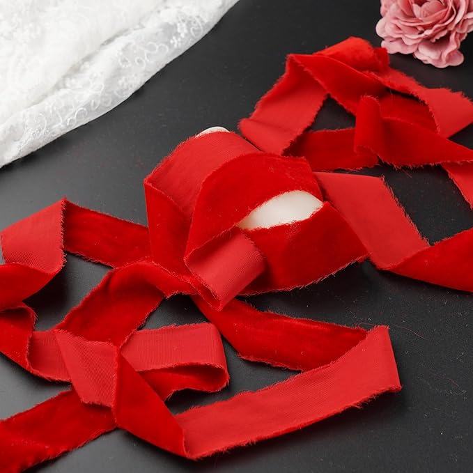 Red Velvet Ribbon for Christmas Decorations 1.5 Inch Raw Edge Rustic Frayed - Image 6
