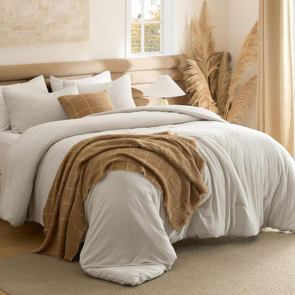 Bedsure Comforter Set Full Prewashed Soft Bedding Set 3Pcs Beige 82"x86&...