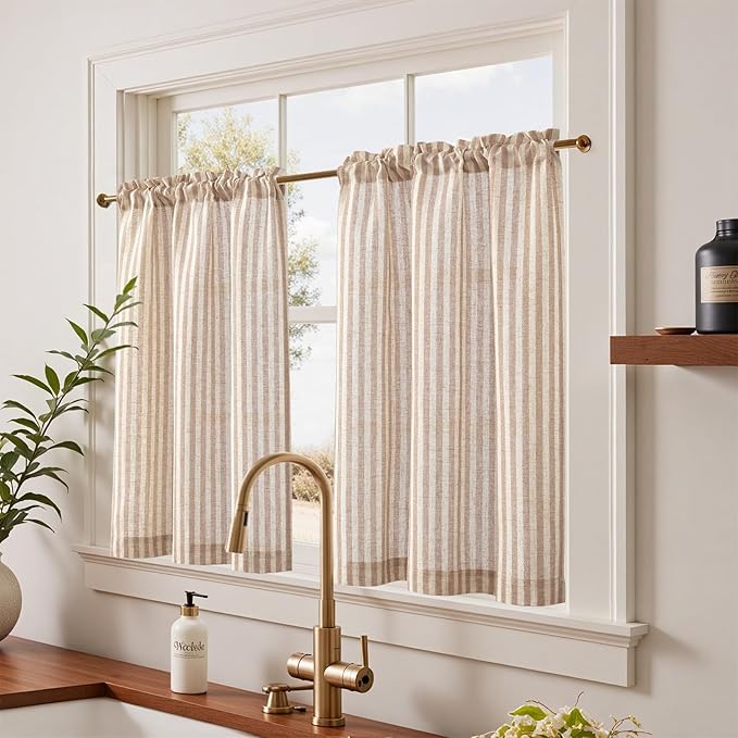 jinchan Striped Linen Kitchen Curtains 36 Inches Length Tier Curtains Farmhouse - Image 2