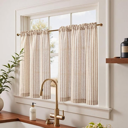 jinchan Striped Linen Kitchen Curtains 36 Inches Length Tier Curtains Farmhouse - Image 2
