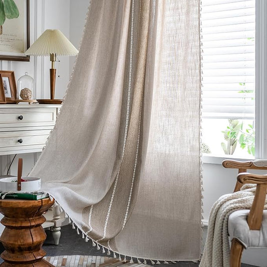 ColorBird Boho Curtains Brown Tan Farmhouse Cottage Core Country Striped Linen by ColorBird