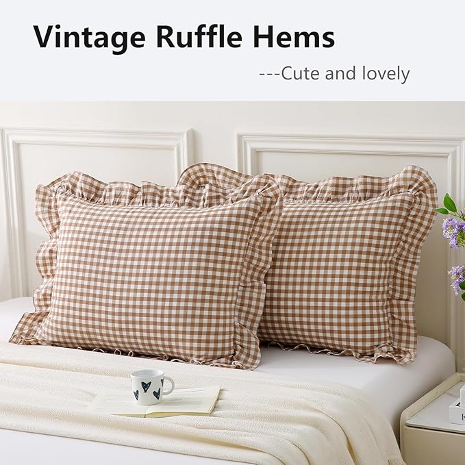 Aryeleay 2 Pack Khaki White Plaid Gingham Ruffle Pillow Shams Standard Size - Image 3