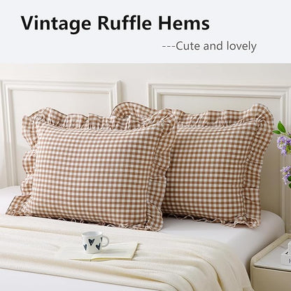 Aryeleay 2 Pack Khaki White Plaid Gingham Ruffle Pillow Shams Standard Size - Image 3