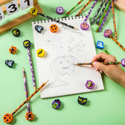 JOYIN 108PCS Halloween Pencils with Erasers Stationery Set, 108 Colorful Pencils in 6 Design, 108 Giant Erasers in 12 Style for Kid Trick or Treat, Halloween Party Favor Supplies, Classroom Prize Gift