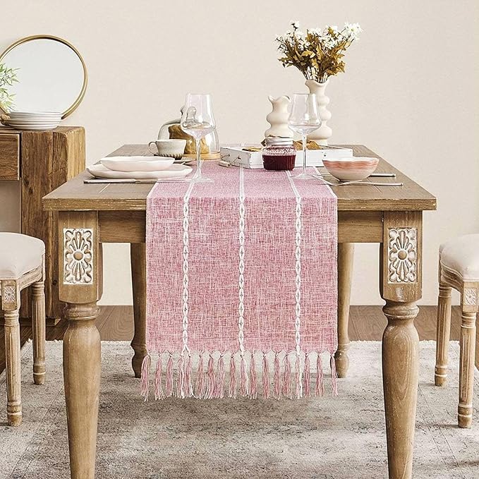 ZeeMart Farmhouse Braided Striped Table Runner, Rustic Pink Table Runners 36 by ZEEMARTONLINE
