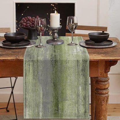 Emvency Farmhouse Table Runner, Vintage Olive Green and Grey Abstract Art by Emvency