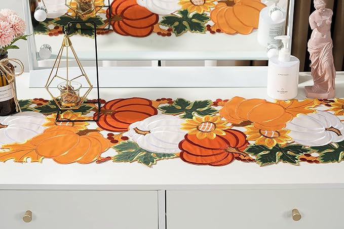 Thanksgiving Table Runner Embroidery Cutout Pumpkin Fall Table Runners Kitchen - Image 4