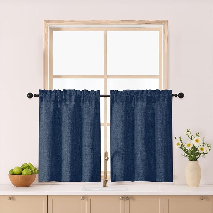 Gwine Navy Blue Kitchen Curtains 24 Inch Length 2 Panels, Light Filtering by Gwine