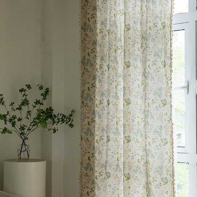 ENJOYBRIDAL Leaf Curtains 96 Inch Length 2 Panels Tassel Boho Semi Sheer Drapes - Image 4