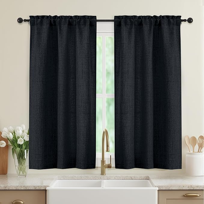 Black Kitchen Curtains 45 Inch Length 2 Panels, Light Filtering Faux Linen by WelvetBLK