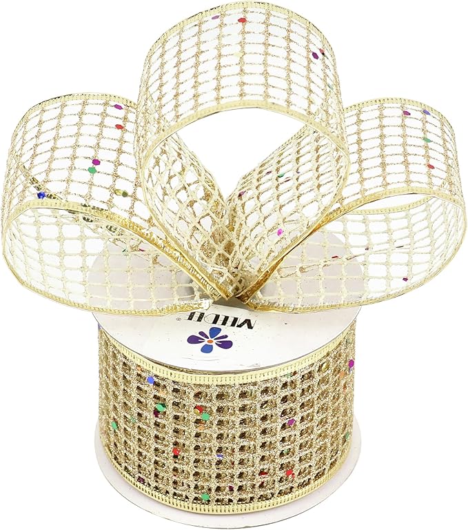 MEEDEE Champagne Gold Glitter Christmas Ribbon 2.5 Inch Square Mesh Net Wired - Image 7