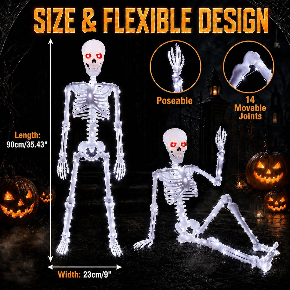 Halloween Decorations Outdoor Skeletons Set - 2 Pack 36" (90cm) Light Up Skeleton with LED Lights & 2 Red Eyes, Poseable Full Body, Indoor Halloween Decor for Yard, Porch (White)