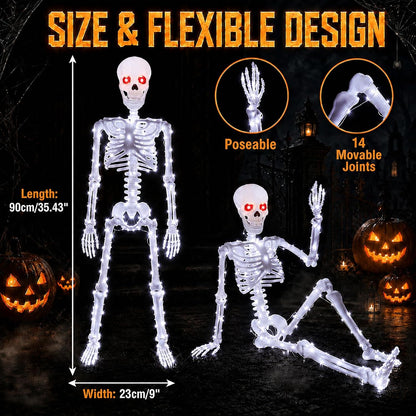 Halloween Decorations Outdoor Skeletons Set - 2 Pack 36" (90cm) Light Up Skeleton with LED Lights & 2 Red Eyes, Poseable Full Body, Indoor Halloween Decor for Yard, Porch (White)