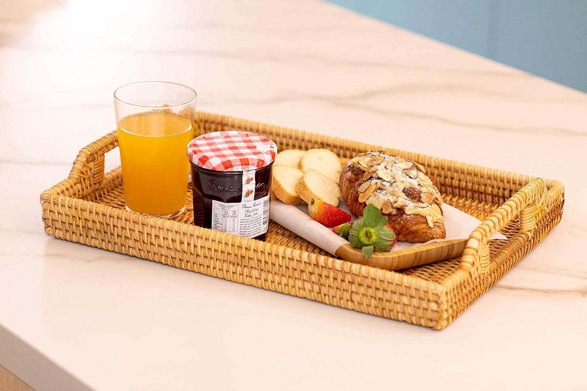 yangqihome 14.6" handwoven rattan serving tray with handles, side view