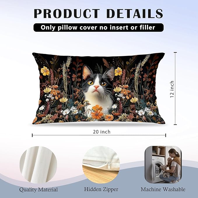 Moody Floral Black Cat Pillow Covers 12x20 Set of 2, Cat Mom Lady Lovers Gifts - Image 5