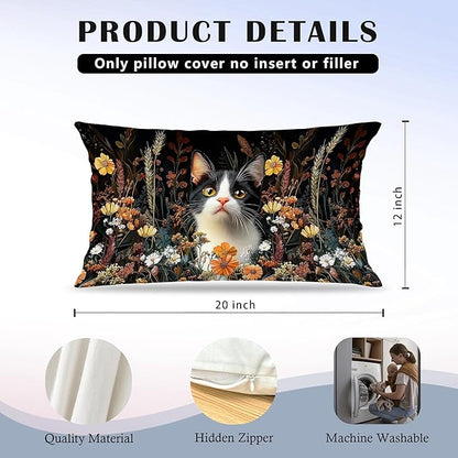 Moody Floral Black Cat Pillow Covers 12x20 Set of 2, Cat Mom Lady Lovers Gifts - Image 5