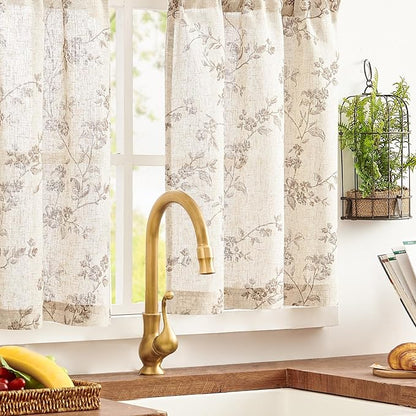 jinchan Floral Kitchen Curtains 24 Inch Linen Tier Curtains Farmhouse Cafe Half - Image 2