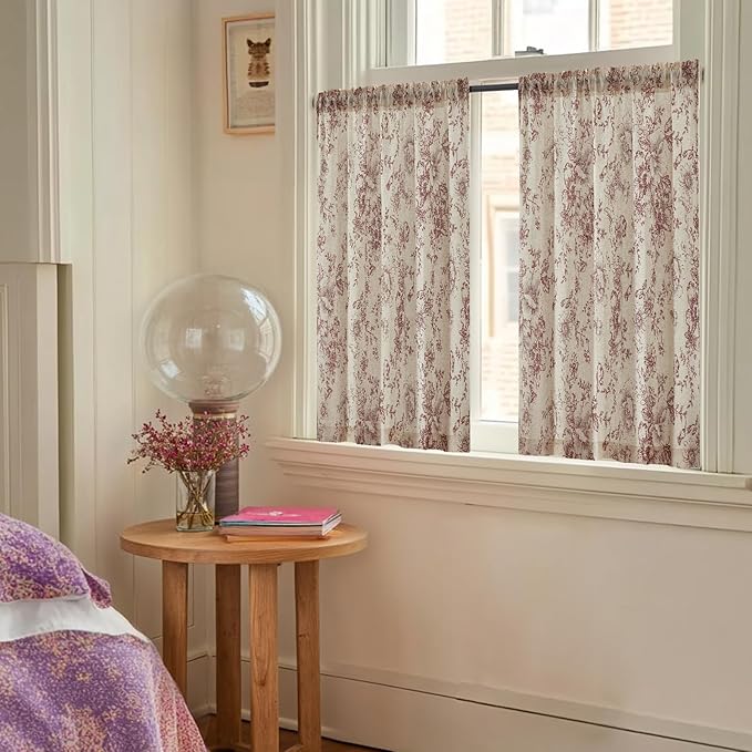 jinchan Floral Linen Tier Curtains Floral Brick Red on Beige Christmas - Image 2