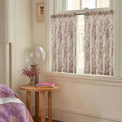 jinchan Floral Linen Tier Curtains Floral Brick Red on Beige Christmas - Image 2