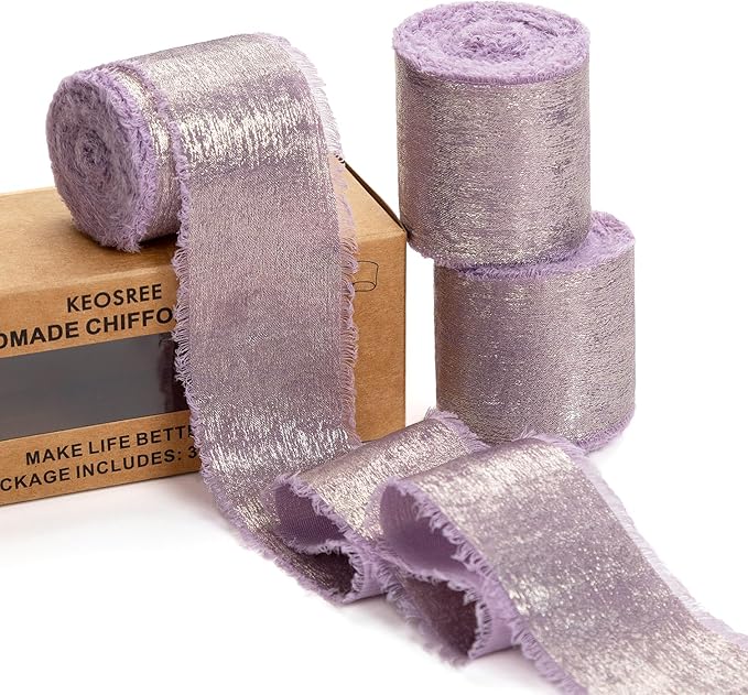 Light Purple Silk Chiffon Ribbon, Lavender Frayed Shimmery Silk Ribbon by KEOSREE