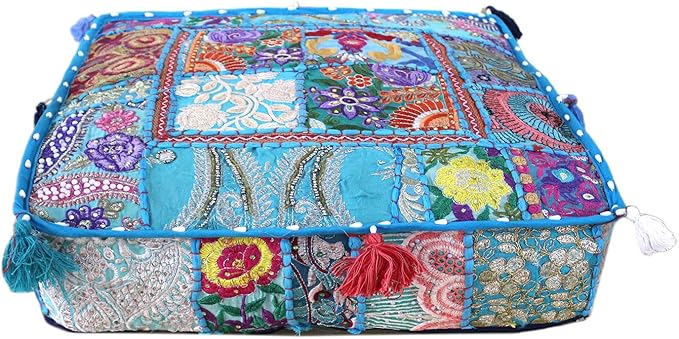 CRAFT KALA Indian Square Patchwork Traditional Pouf Cover Indian Living Room by CRAFTKALA