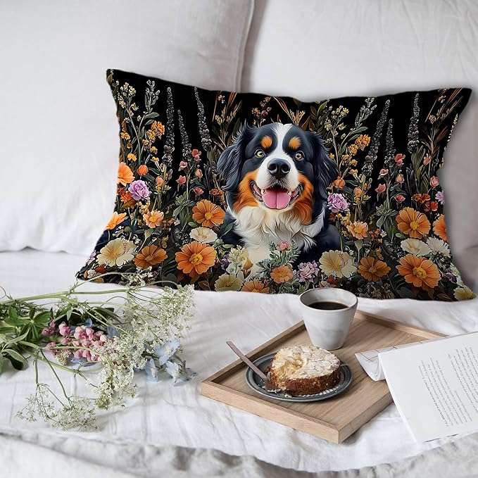 Moody Floral Bernese Mountain Dog Pillow Covers 12x20 Set of 2, Bernese - Image 6
