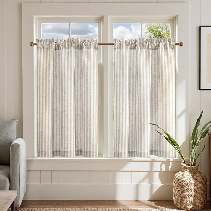 jinchan Striped Linen Kitchen Curtains 36 Inches Tier Curtains Farmhouse Modern by JINCHAN