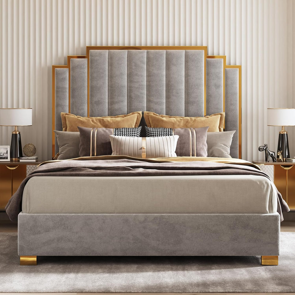 AMERLIFE King Size Velvet Upholstered Bed with Gold Trim Headboard, Grey